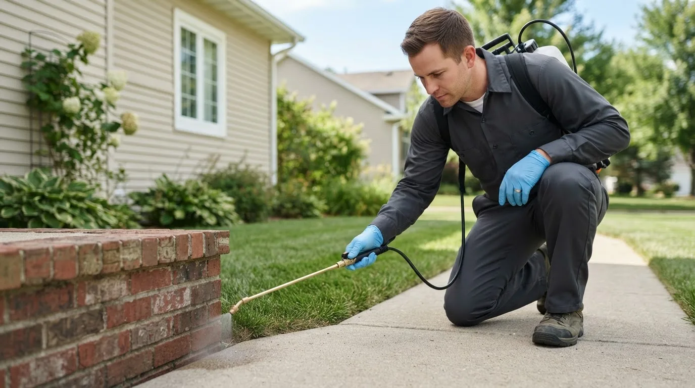 Pest control technician treating a home near Wood Dale, IL
